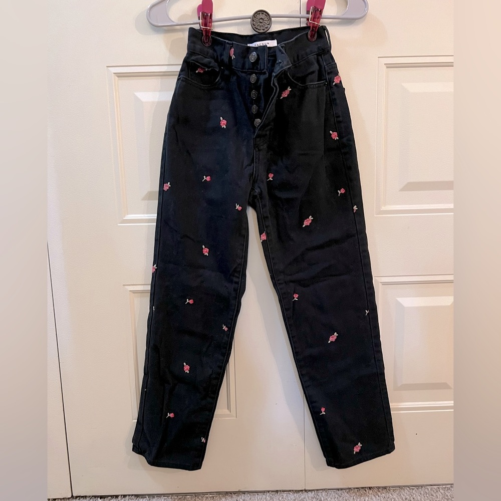 Pacsun Rose Embroidered Black High Waisted Straight Leg Cropped Jeans Size 22